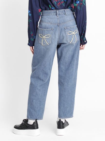 三つ編みゴールドリボン ドレープデニムテーパードストレートパンツ