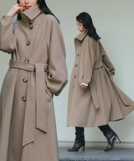 ニットメルトン】アシメスタンドカラーロングコート(共地ベルト付