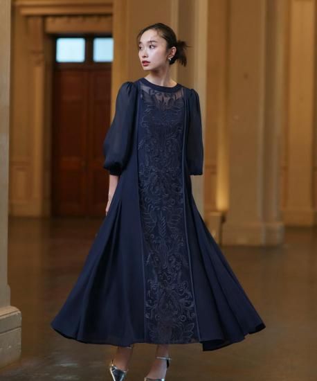 刺繍レース切り替えフレアワンピースドレス「U1586」