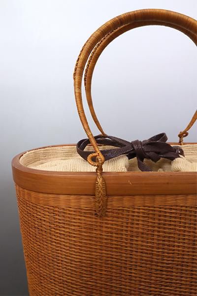 G-1986】プラニー工房製 竹籠バッグ 巾着型 茶色（新品） - 銀座きもの