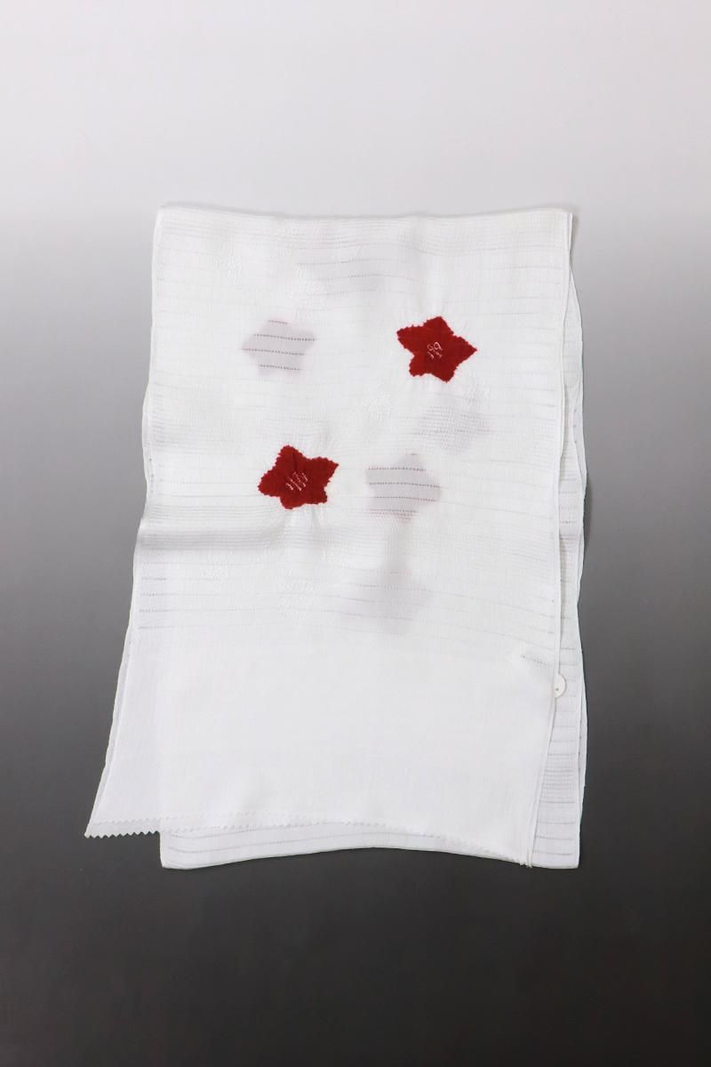 G-3058】衿秀製 絽 帯揚げ 輪出し絞り 白色×赤色 露芝に撫子の地紋