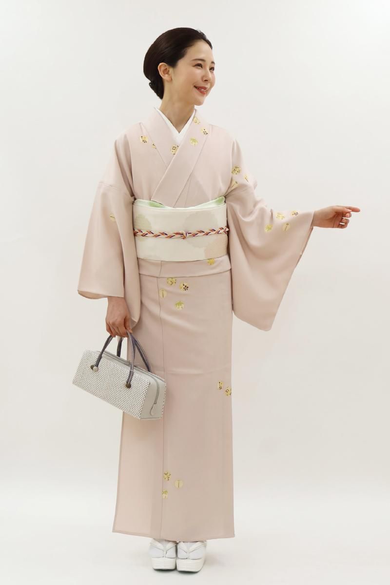 銀座【D-3759】単衣 小紋 桜色 松竹梅の丸文など（反端付）（N） :身丈