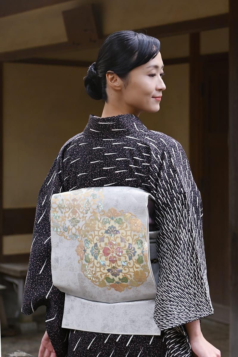 銀座【帯5941】西陣 川島織物製 プラチナ箔 螺鈿引箔 本袋帯（西陣証紙