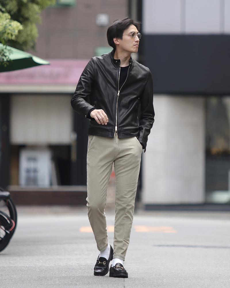 レザーシングルライダースジャケット JURI GOLD NAPPA MANGA｜EMMETI