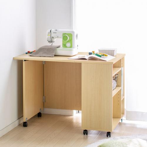 在庫限り】デスクになる収納ワゴン 折りたたみ天板 ライトブラウン 100