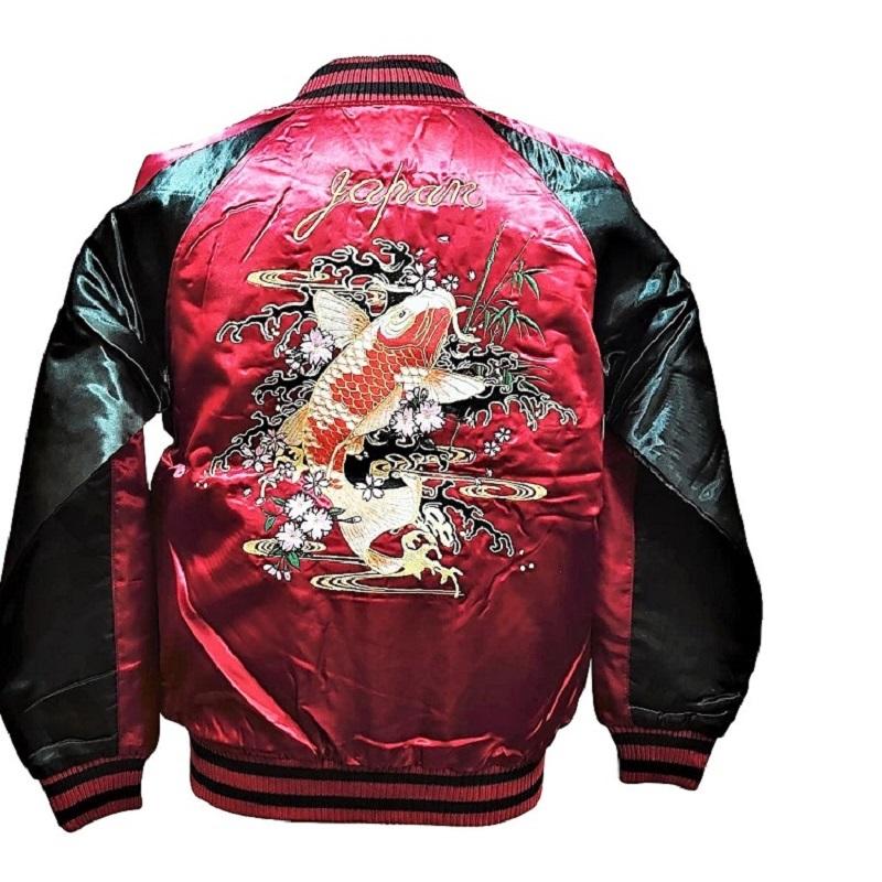 是空 】錦鯉 刺繍サテンスカジャン ワインレッド・ブラック （M〜4L