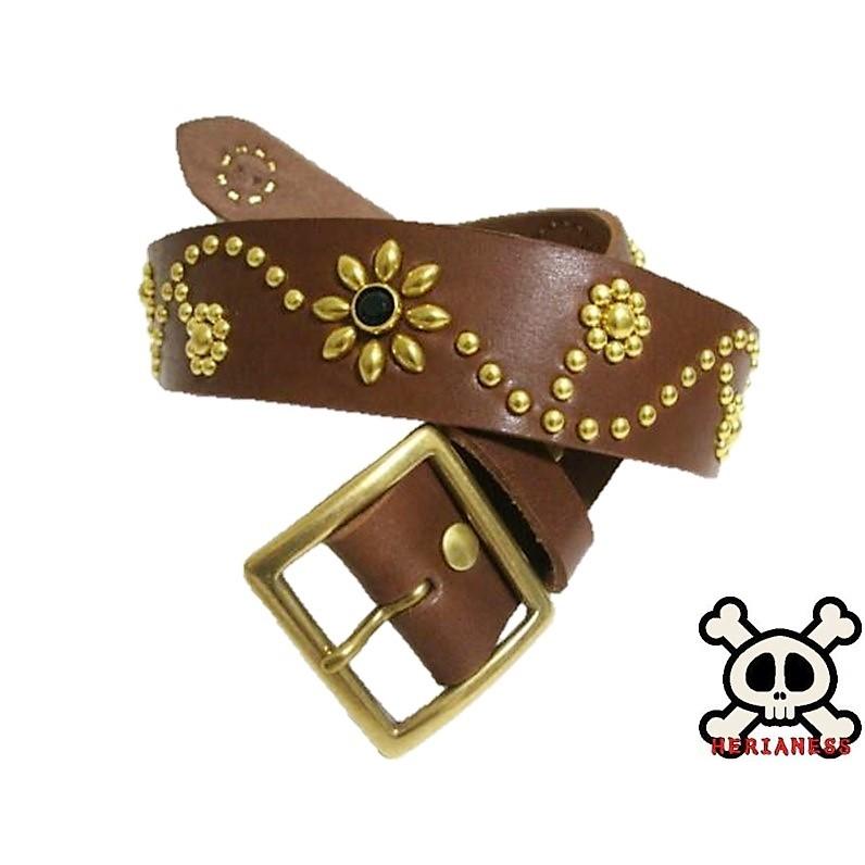 真鍮製バックル 栃木レザー フラワー型スタッズベルト チョコ ブラック