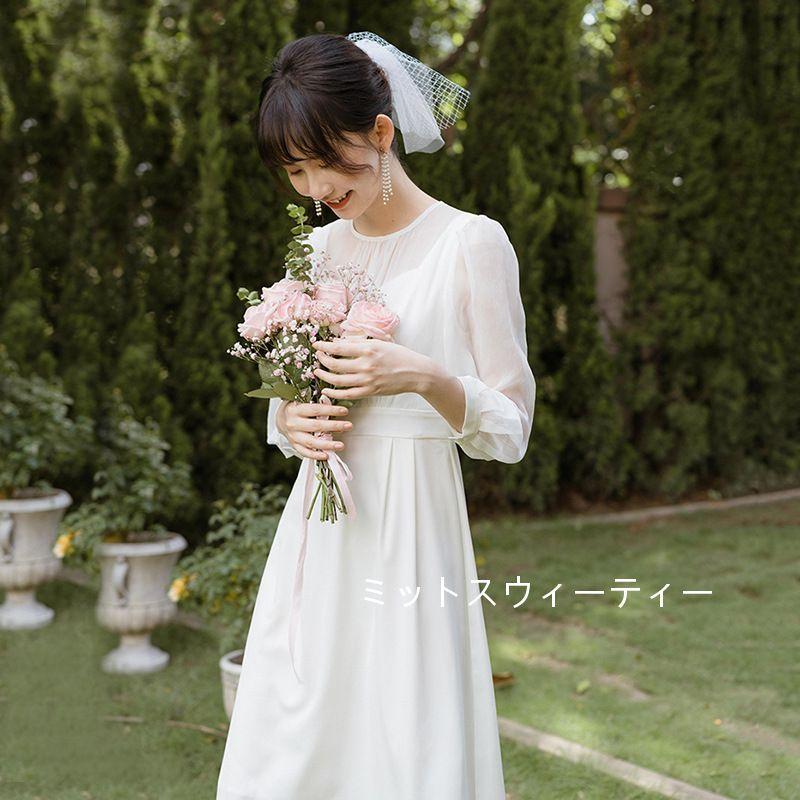 ウェディングドレス ミディアム丈 ホワイト 軽い 9分袖 シンプル 結婚