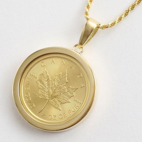 純金 コイン ペンダント メイプルリーフ 金貨 1/4オンス 18金枠 資産