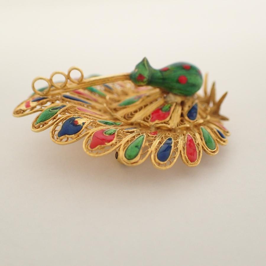 純金 99刻印 孔雀/ピーコック ブローチ イエローゴールド/マルチカラー