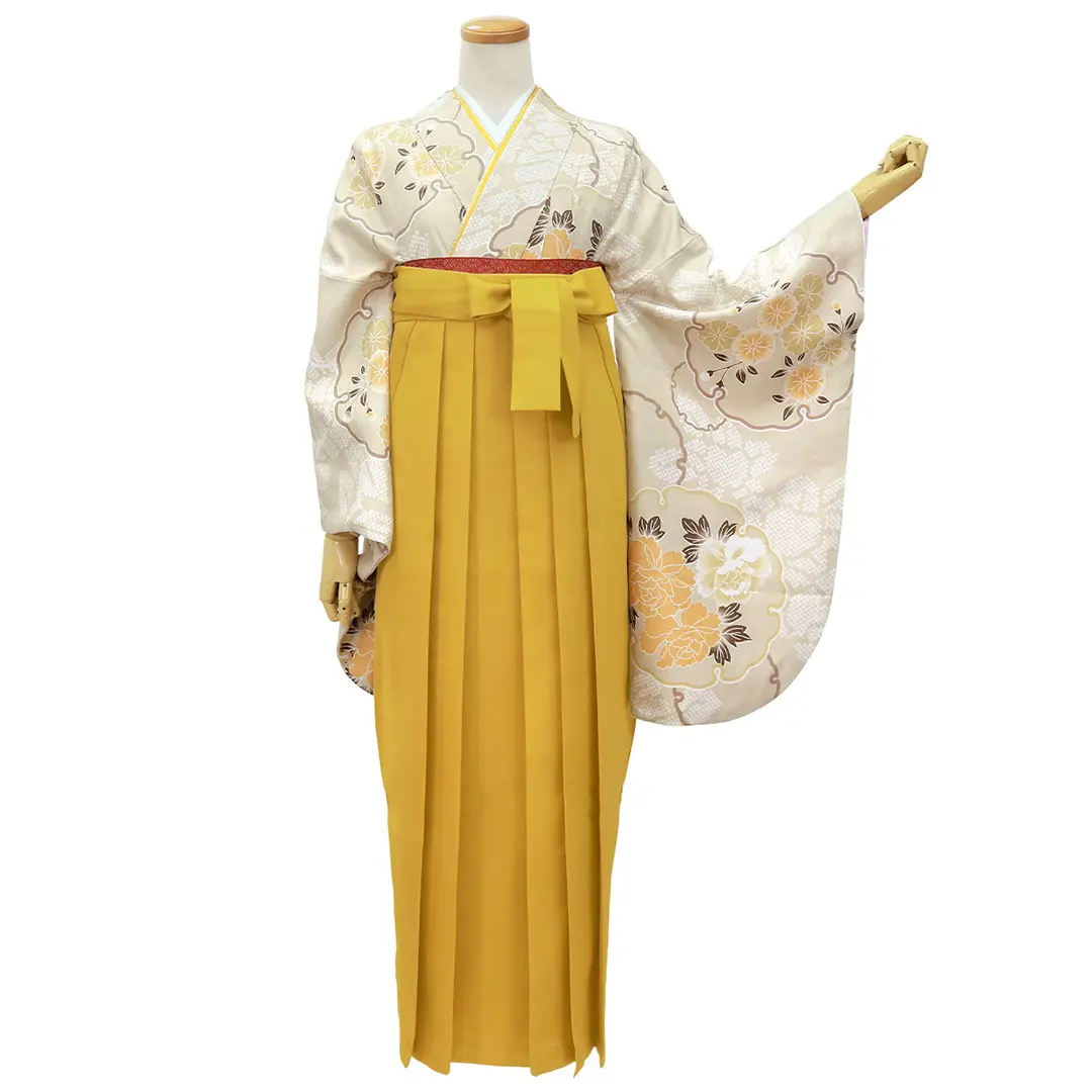 グレージュ地に雪輪・マスタード袴（無地） （二尺袖）／卒業式 | 宅配