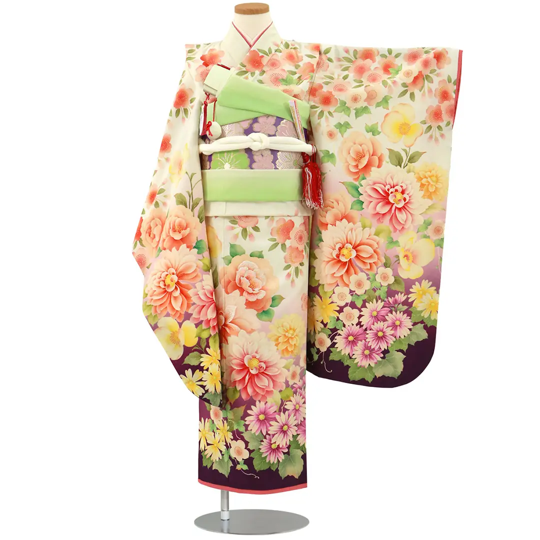 乙葉》白と紫にダリアの着物／七五三・七歳女の子 | 宅配着物レンタル