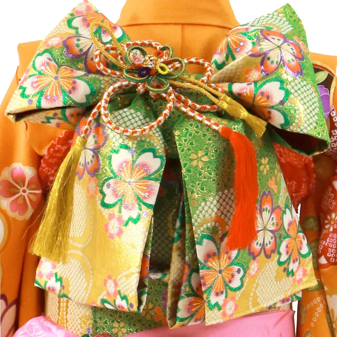 橙色地にねじり梅の着物／七五三・七歳女の子 | 宅配着物レンタルの