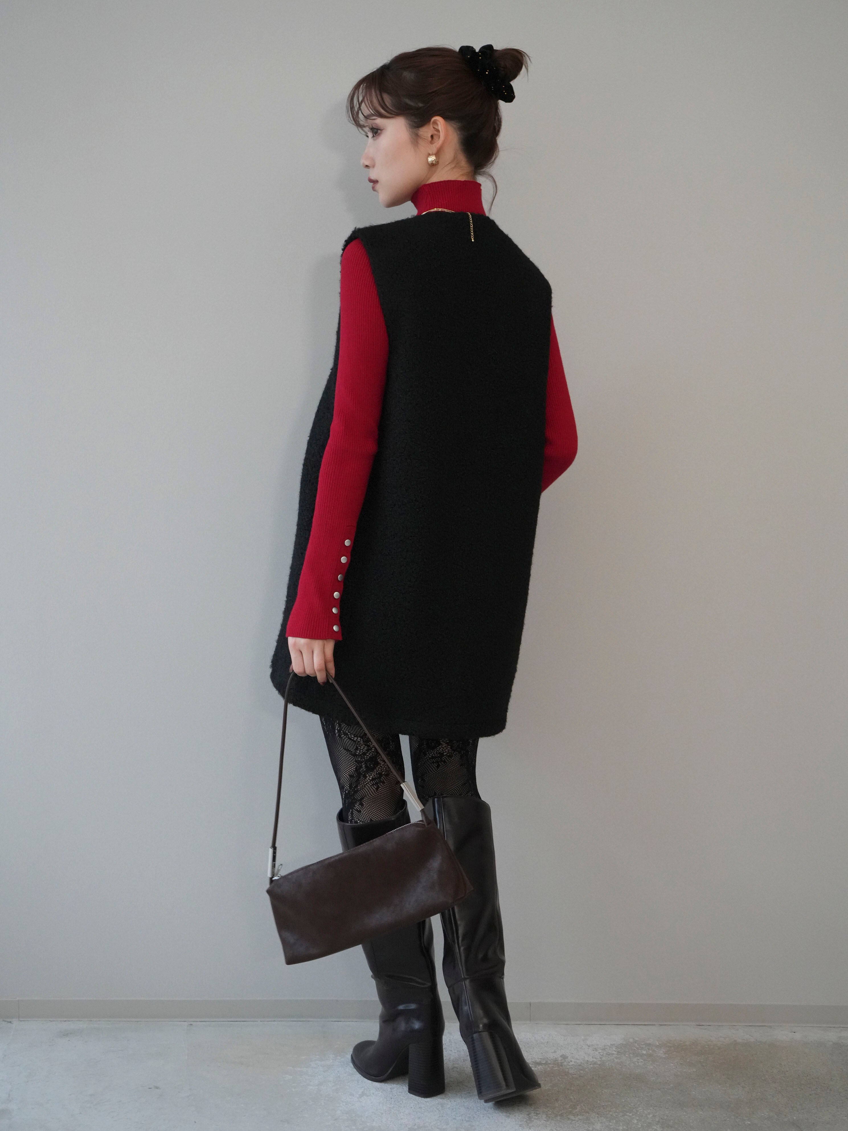 SET]ミックスループヤーンニットミニワンピース+袖ボタンボトルネック