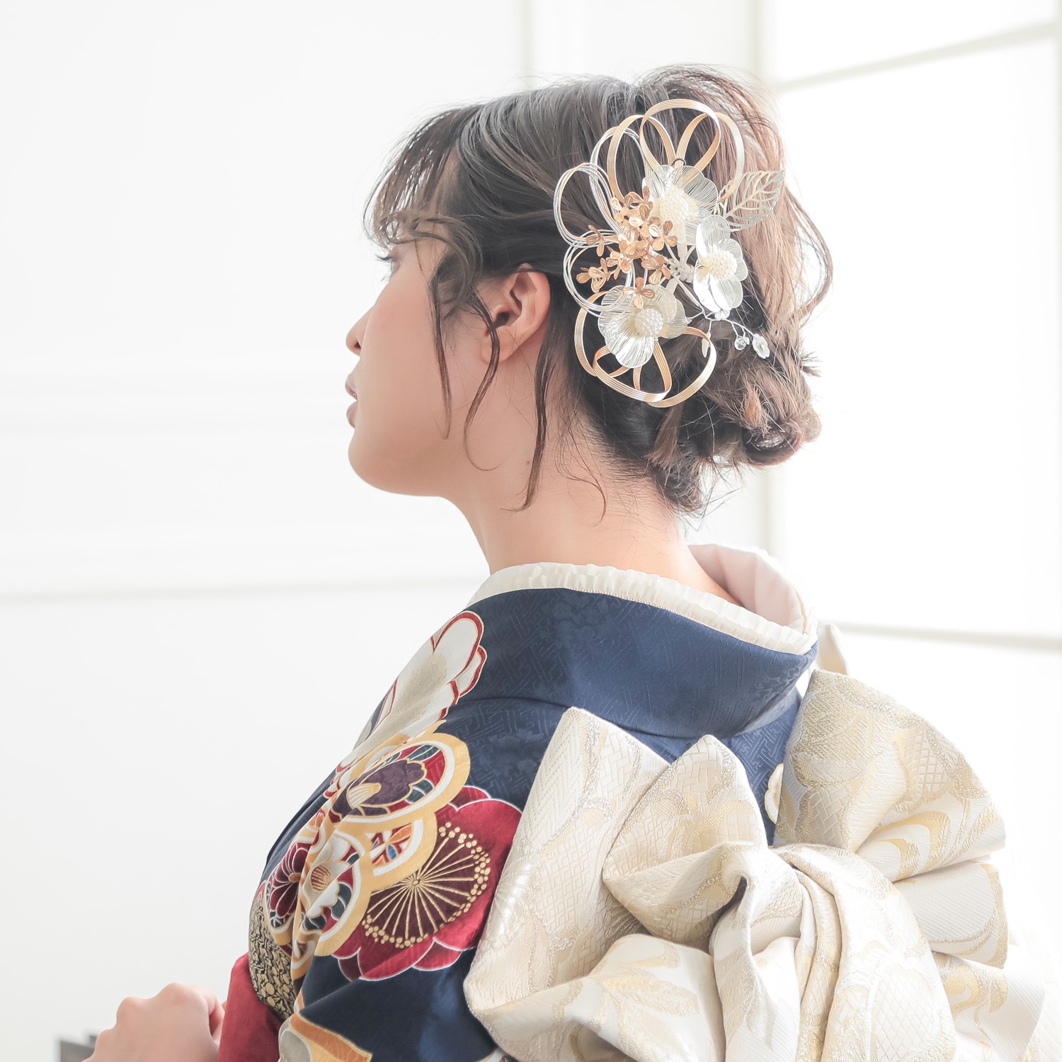 紺 友禅 梅に楓と鈴（【振袖・袋帯・長襦袢のセット商品