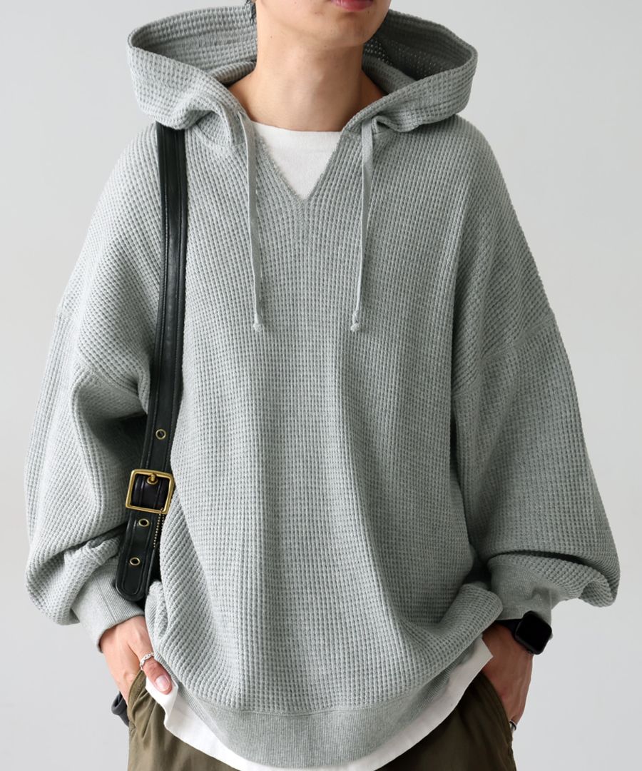 ガゼット風ネックフーディー メンズ 鬼ワッフル 長袖 送料無料・再入荷