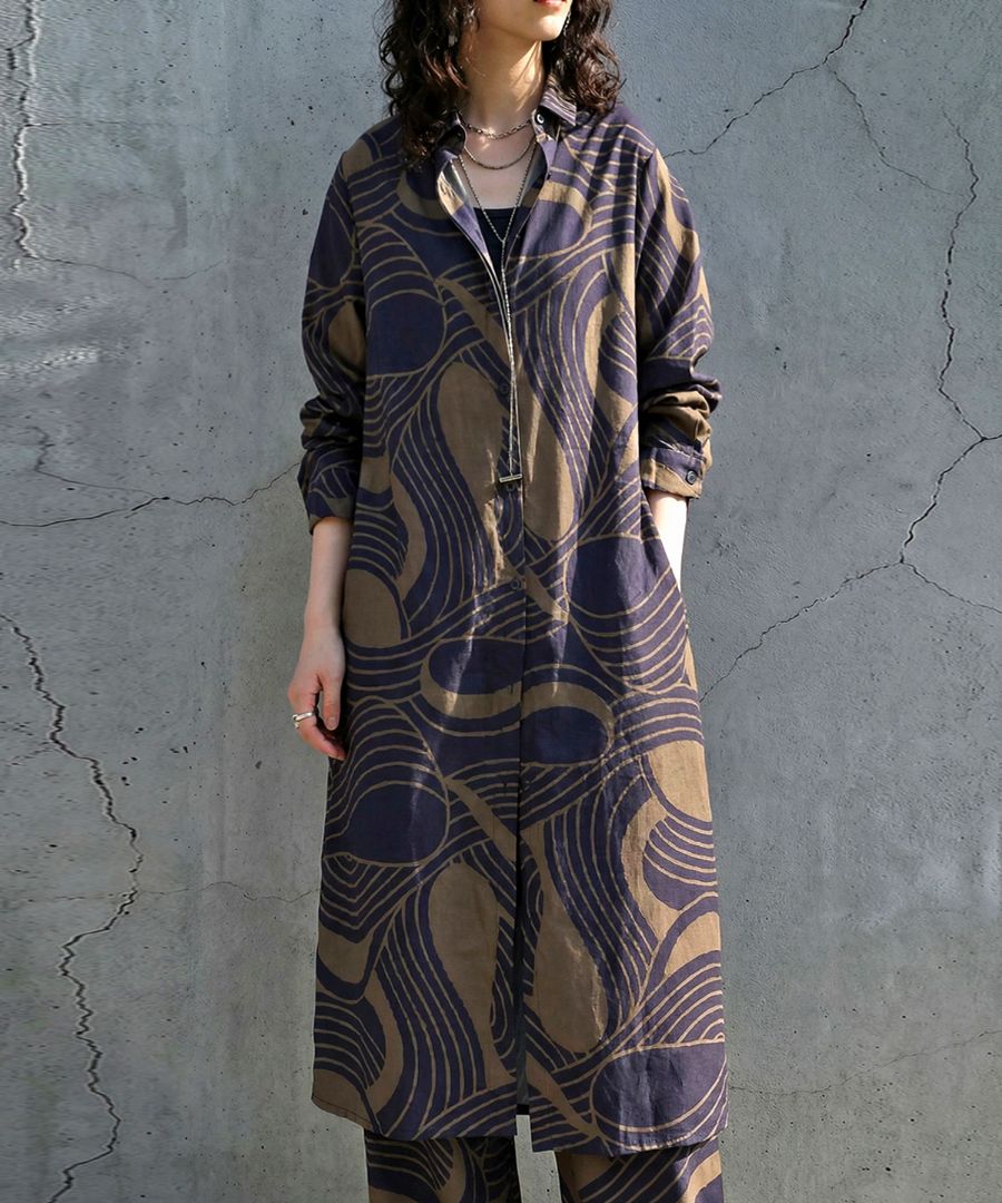 幾何学柄 シャツワンピース レディース ロング 長袖 送料無料・(80