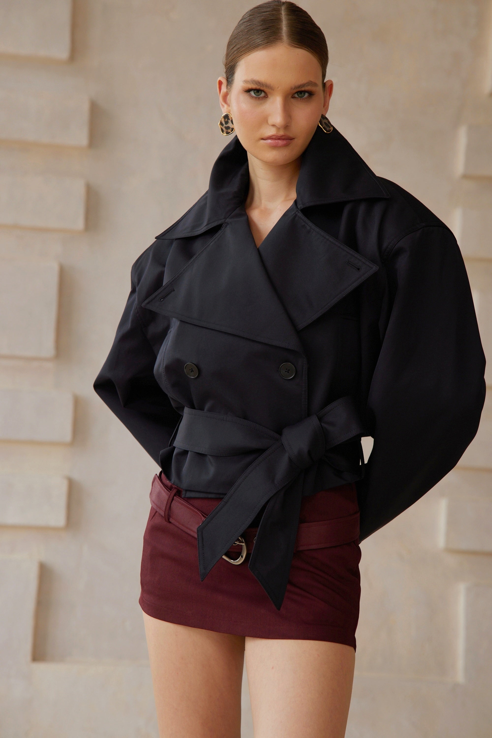 Avril Black Double-Breasted Short Trench Coat