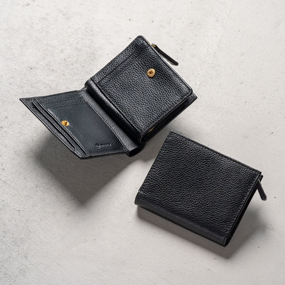 牛革 シュリンクレザー ゴールドファスナー ボタン閉じ 二つ折り財布