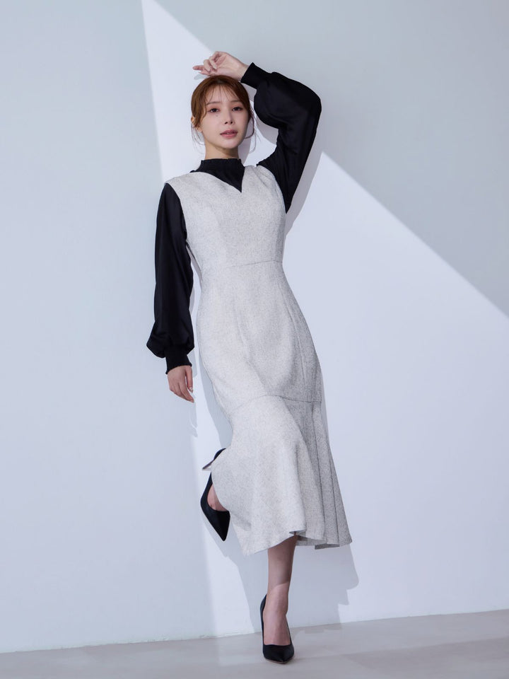 ツイードライクマーメイドワンピース：ミックスホワイト│胸が大きな