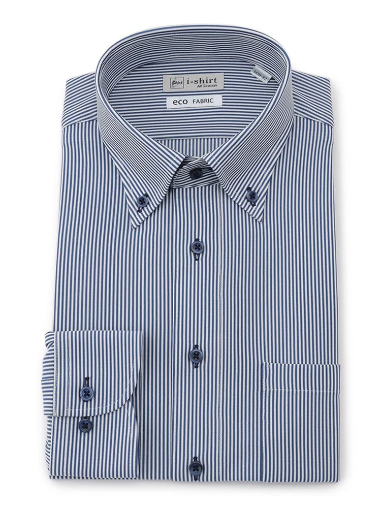 ネイビー 【完全ノーアイロン】長袖アイシャツ ボタンダウン