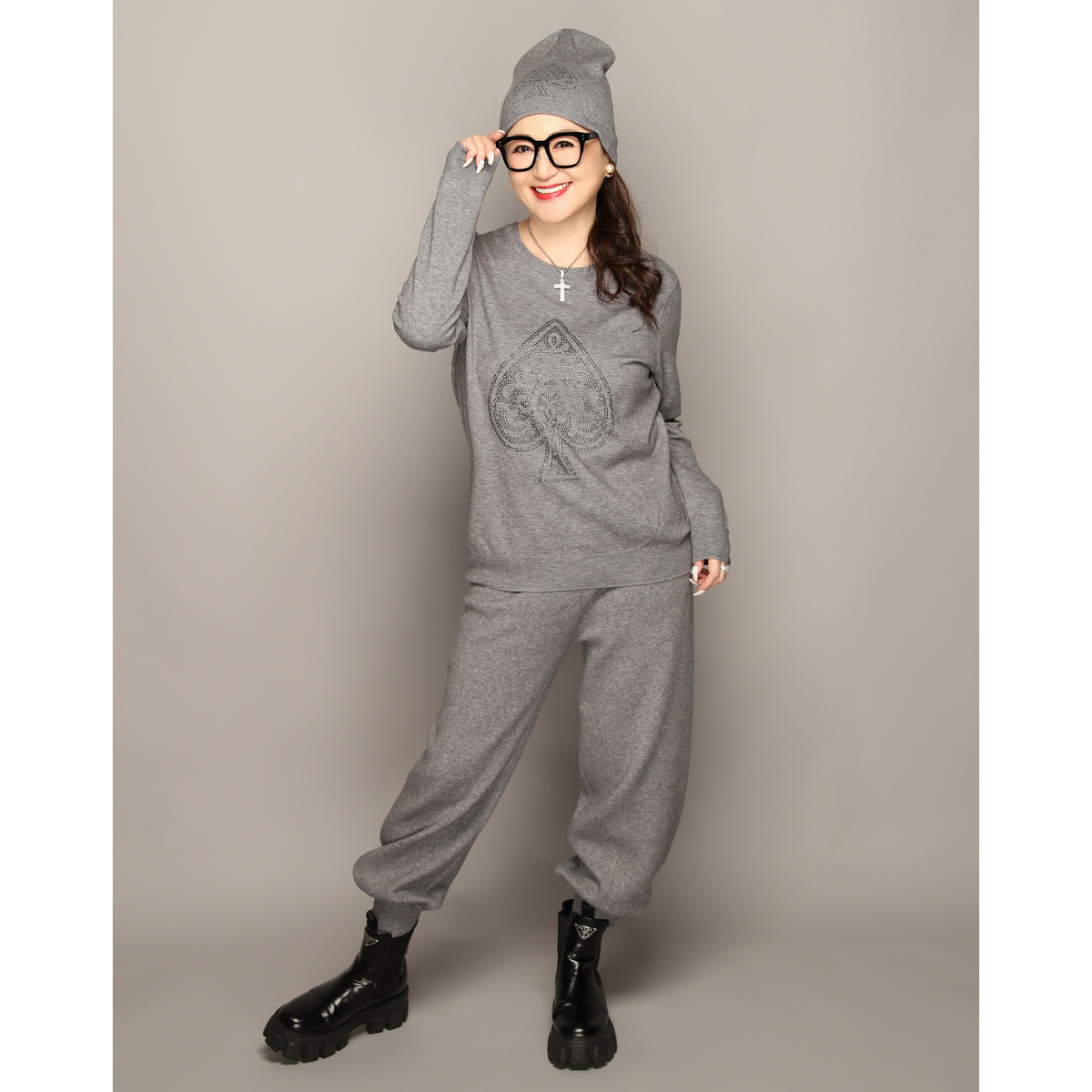 Anne Coquine コアスパンヤーンニットクリスタルバレルパンツ