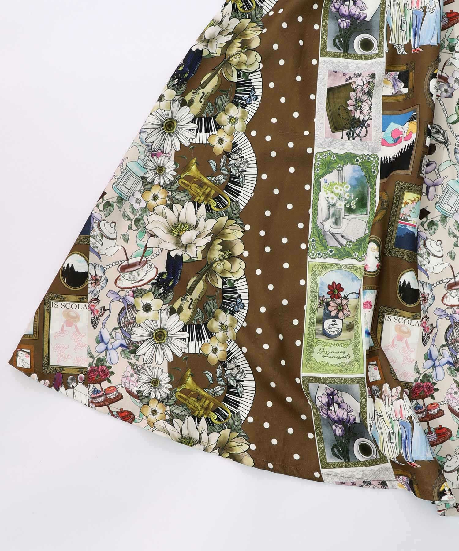553256：芸術と音楽と花のコラージュ柄フレアスカートの通販-ScoLar