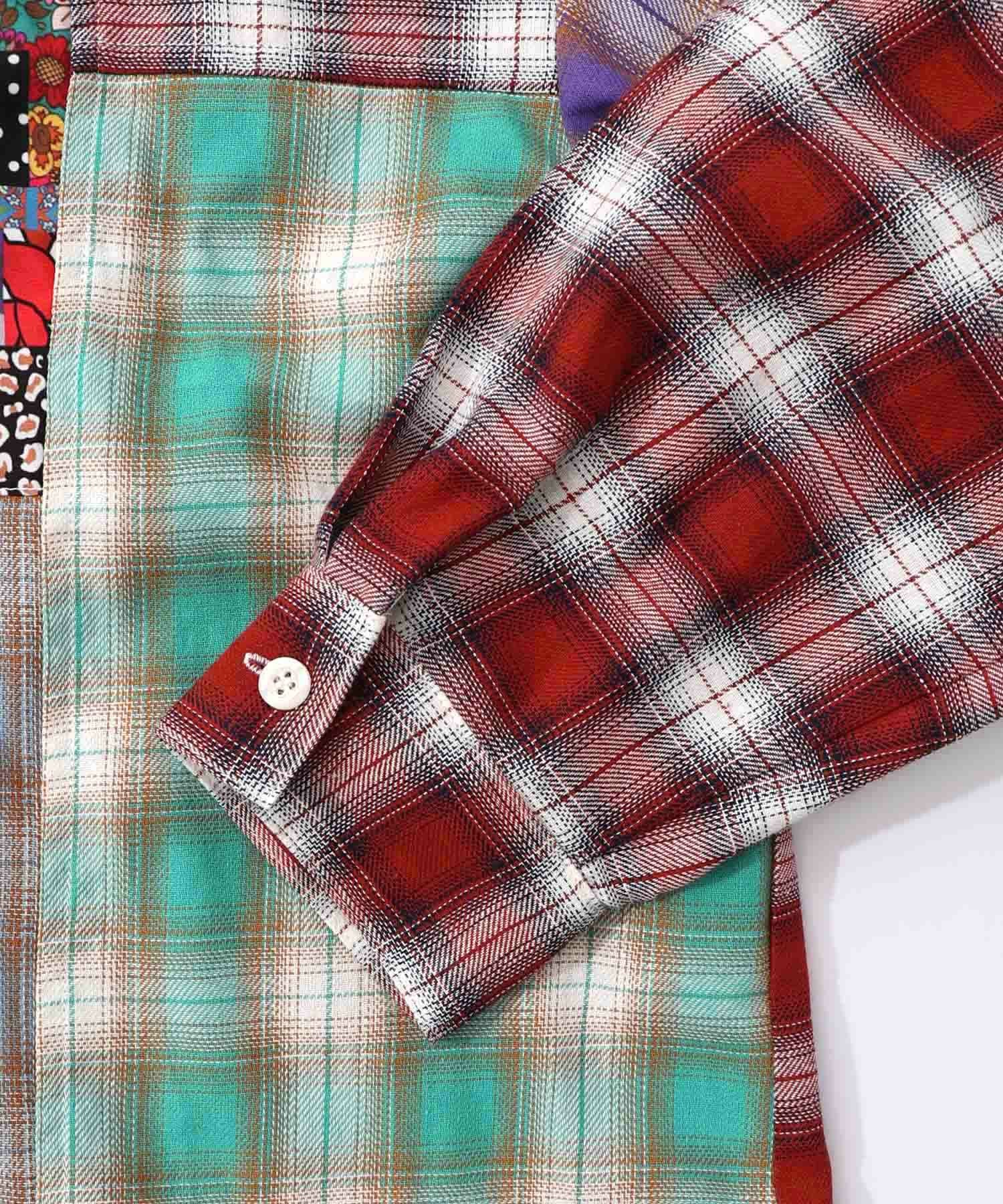 153687：チェックと総柄のアシメパッチワークシャツの通販-ScoLar