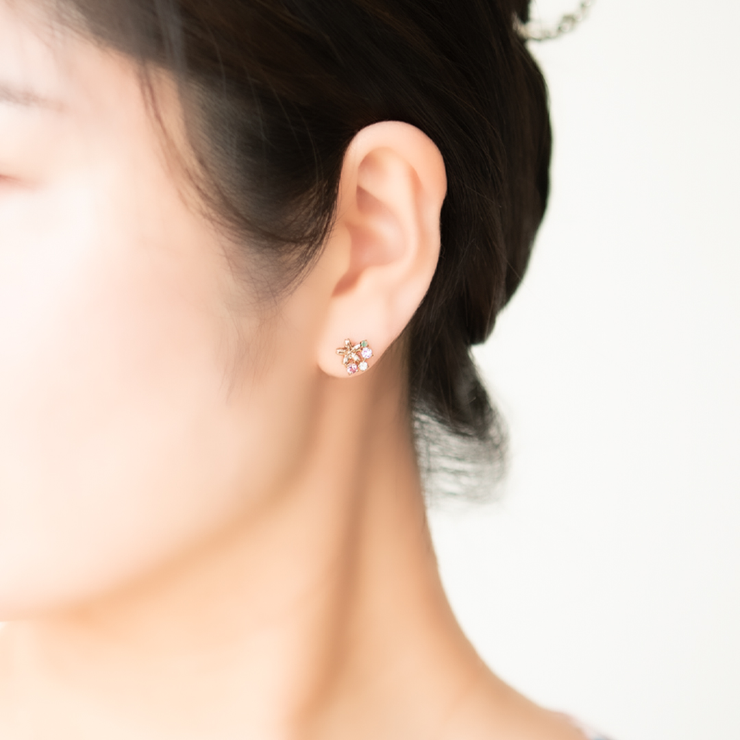 ピアス K10ピンクゴールド エメラルド ピンクサファイア ローズ