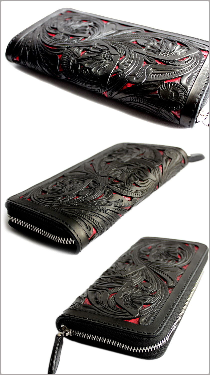 カービングウォレット 透かし彫り長財布 ラウンドファスナーロング