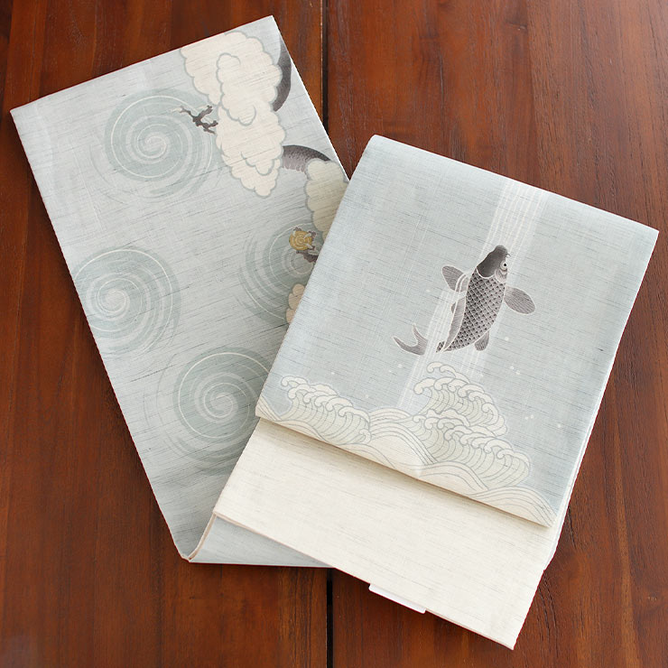 当店限定!! [夏帯] 夏名古屋帯 鯉の滝登り (麻/薄水色) リネン 日本製