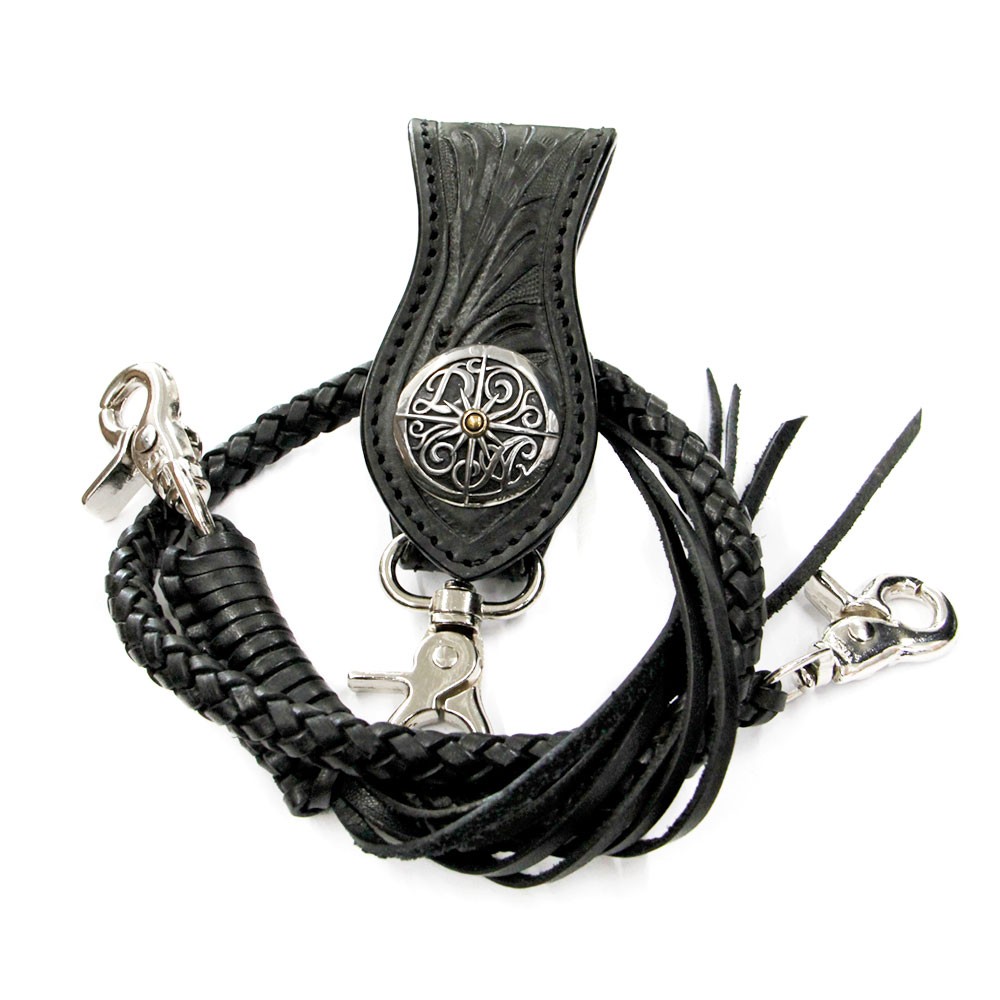 ウォレットチェーン ベルトループ セット 本革 6本編み フラワー