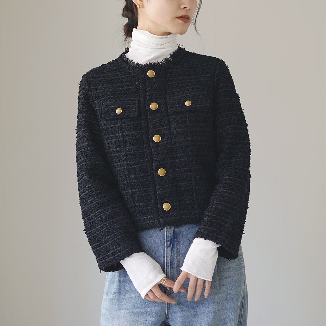 Coohem（コーヘン） ノーカラー ニットツイードジャケット