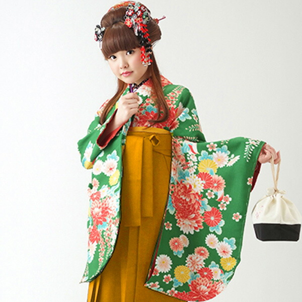 中古品)卒業式袴セット 「二尺袖：緑 菊と藤の花+袴：金茶×菊 刺繍