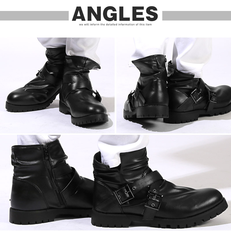 ALPHA 本革 ベルテッドバイカーズ ショート ブーツ ライダーシューズ