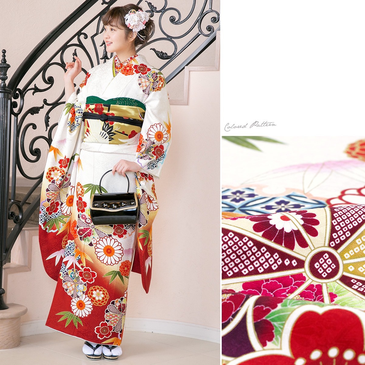 振袖セット 白系 オフホワイト 赤 菊 雪輪 桜 笹 花 絵羽柄 正絹