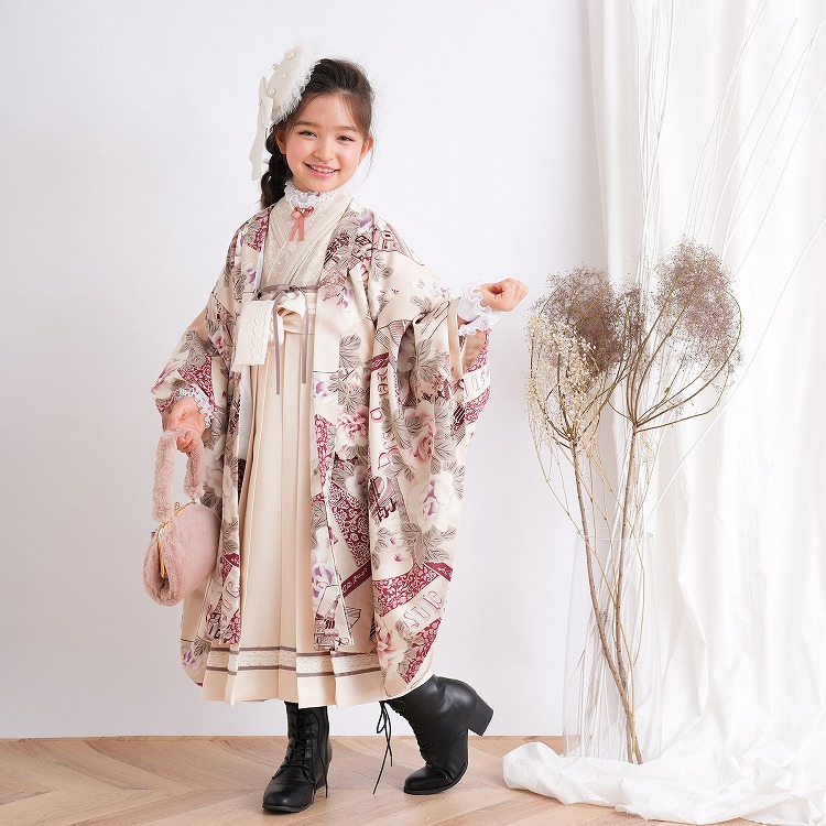 レンタル 七五三 7歳 九重 女の子 レトロ モダン 花 ベージュ系 ピンク