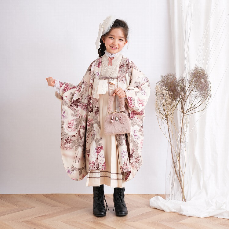 レンタル 七五三 7歳 九重 女の子 レトロ モダン 花 ベージュ系 ピンク