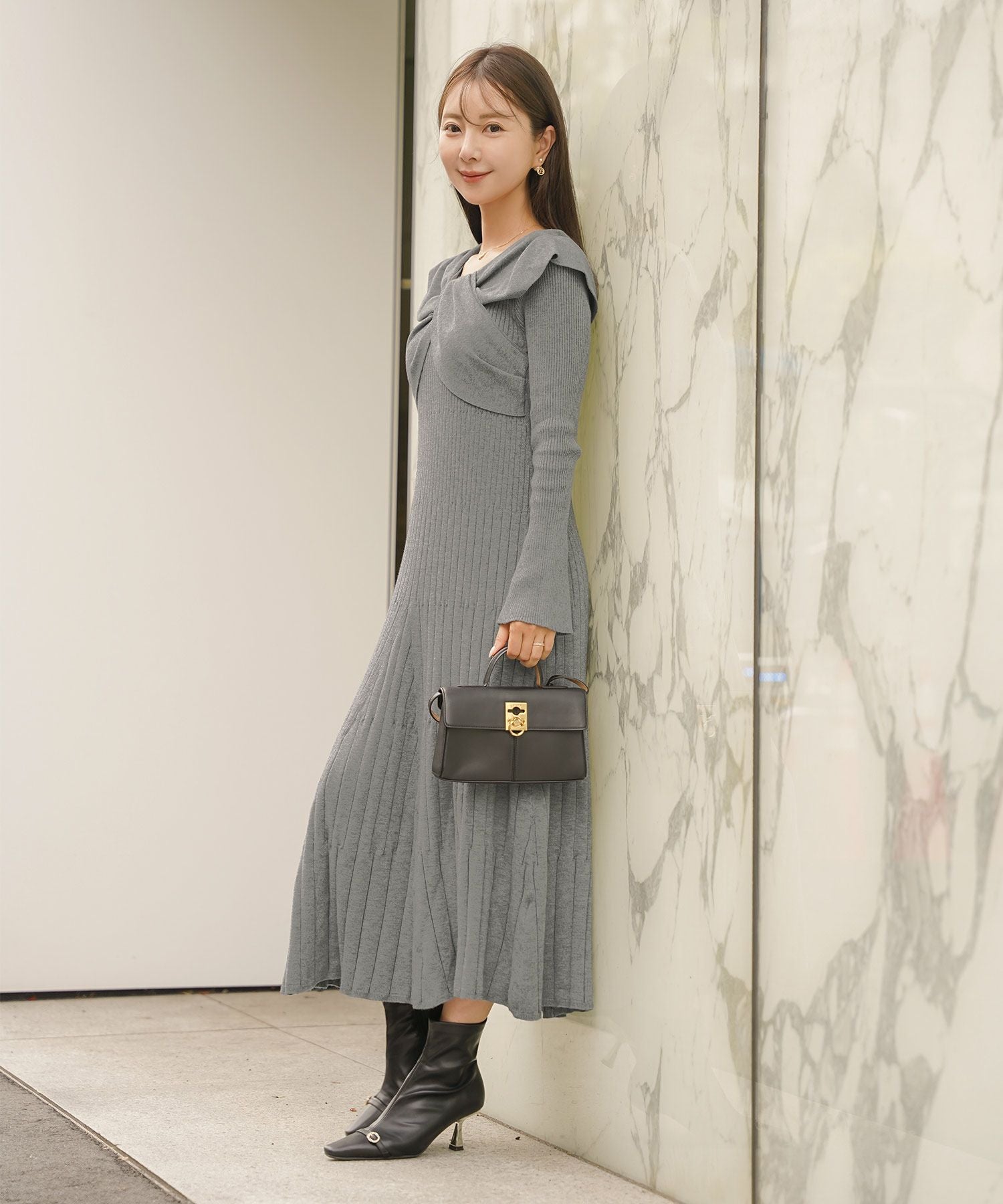 リボン オフショル風 ハイゲージ ニット ワンピース le reve vaniller