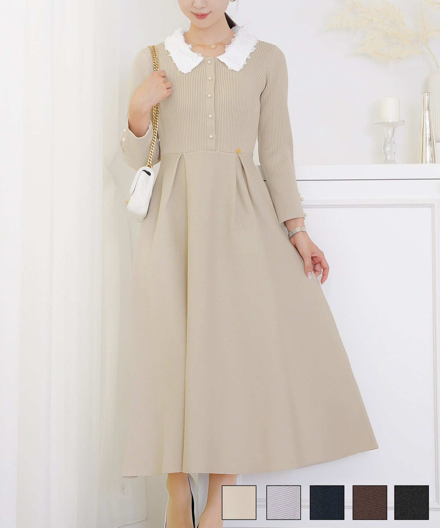 フラワー 襟付き ニット ワンピース le reve vaniller 全5色｜lvn341