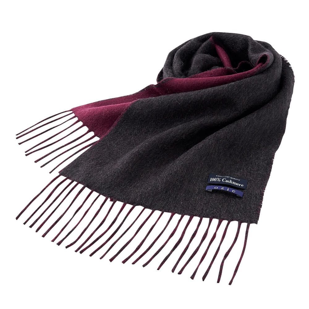 マフラー】カシミヤ100%・リバーシブル・無地・ブラックxグレー