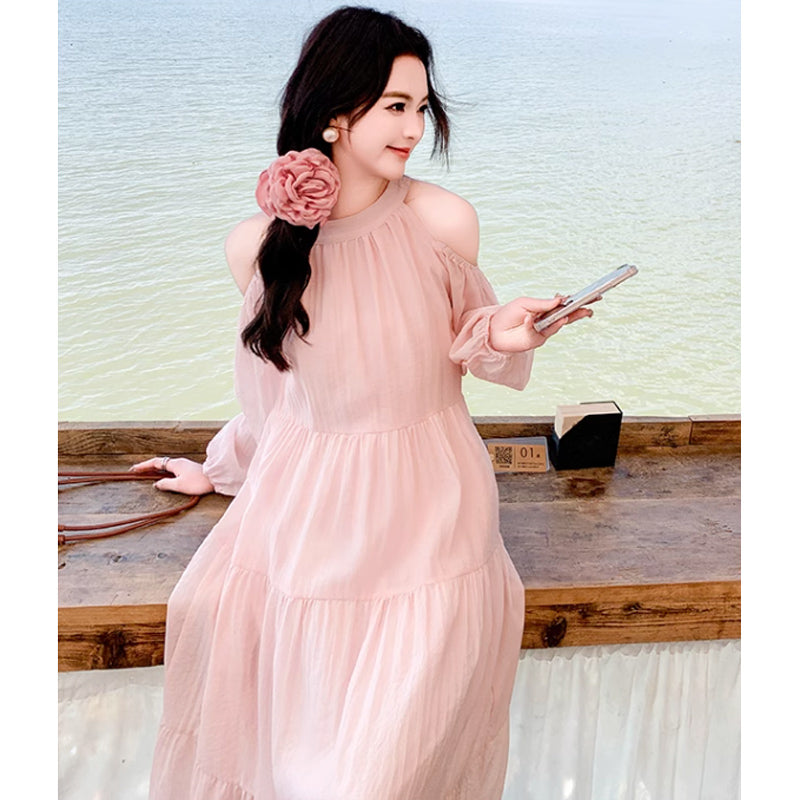 オープンショルダーティアードワンピース(5colors)（ピンク・白・青