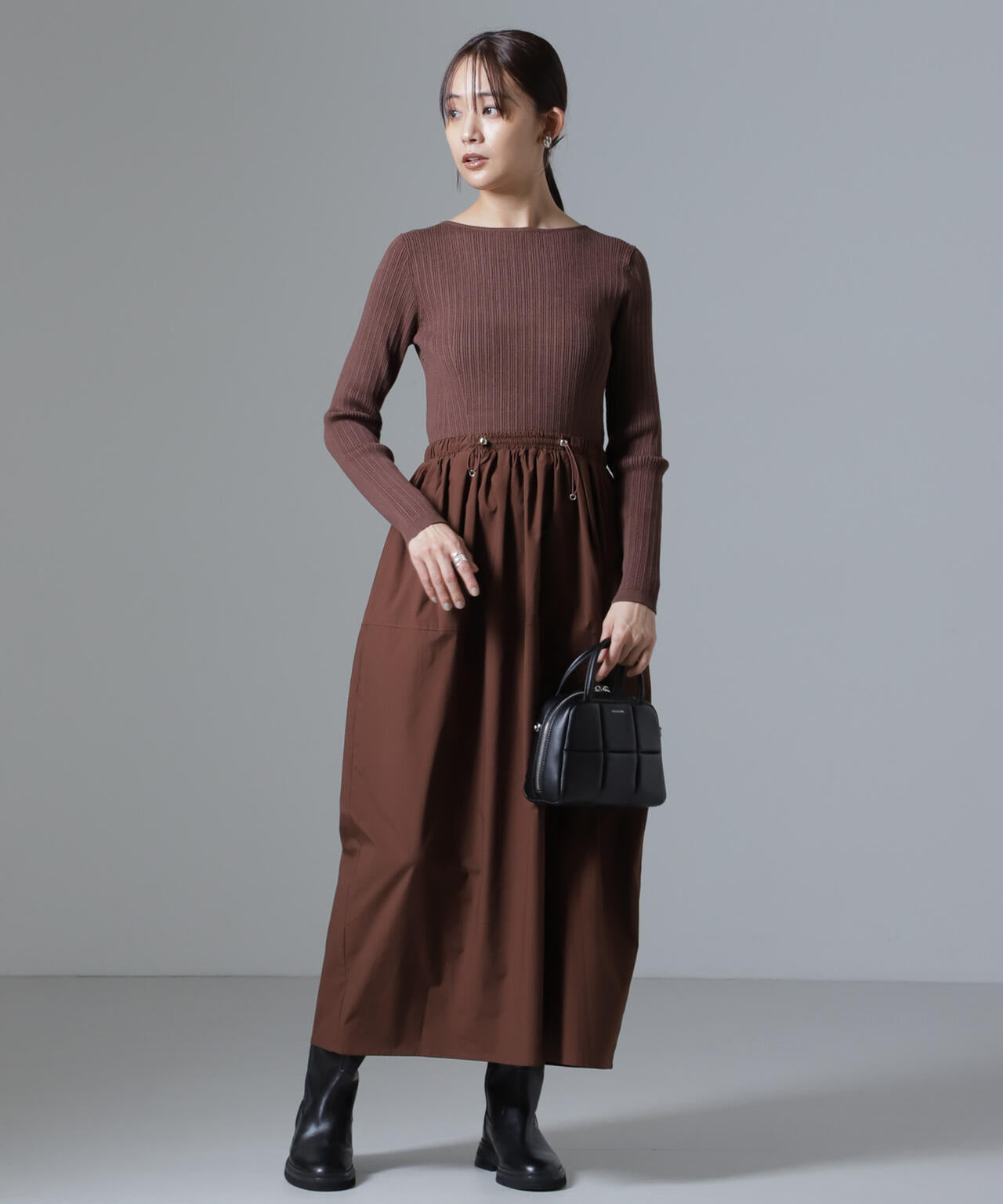 リブニット × タフタ ドッキング ワンピース