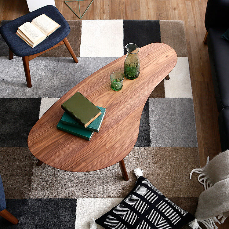 センターテーブル(ウォルナット)変形デザインのキズ防止クッション付き