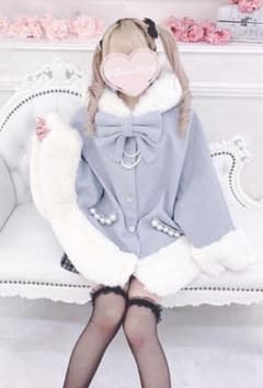 MARS リボン付きボリュームファーフードケープコート 量産型 水色 天使