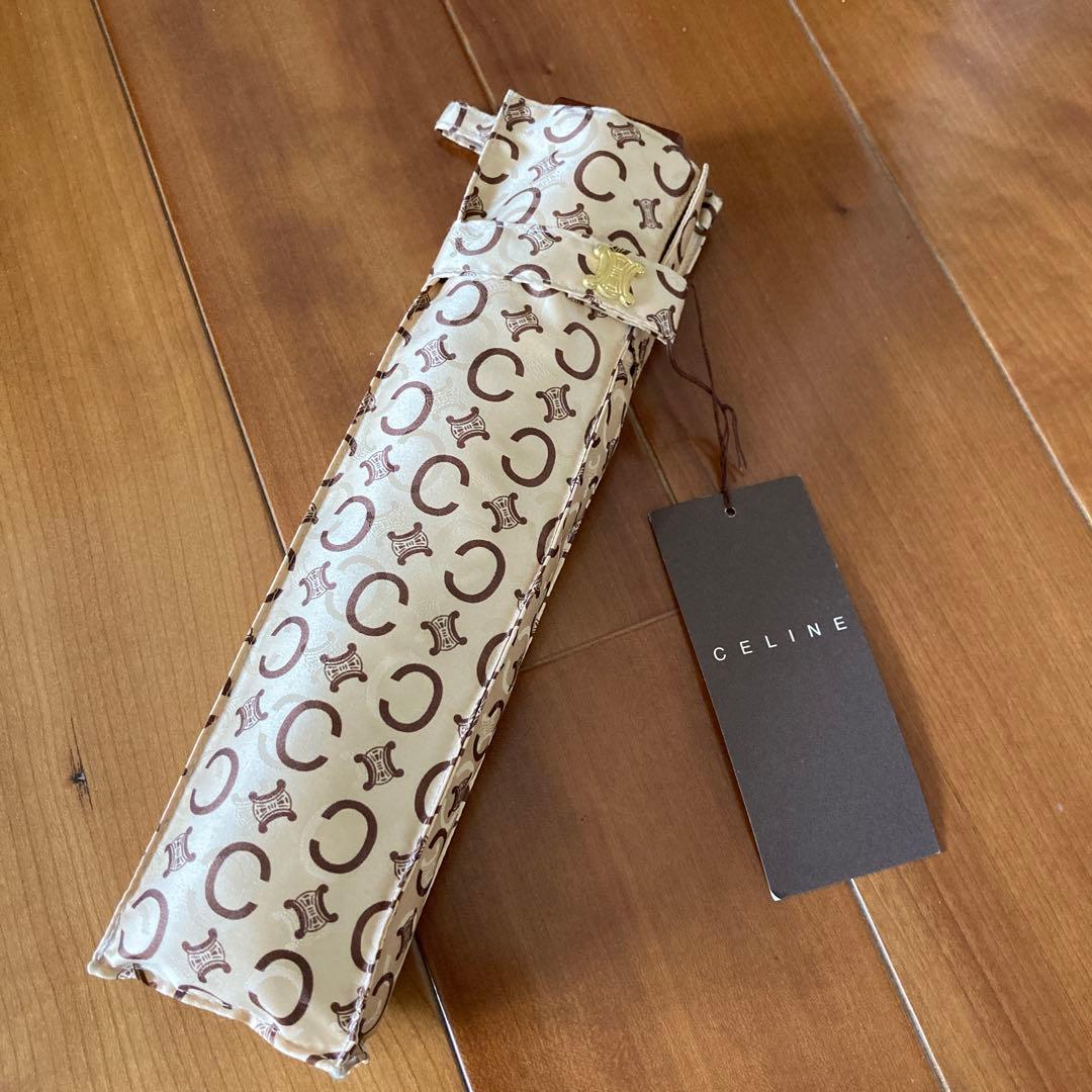 CELINE Cロゴ柄 折りたたみ傘 55cm CELINE セリーヌ 折りたたみ傘 馬車柄 CELINEロゴ 総柄 傘 ブラウン
