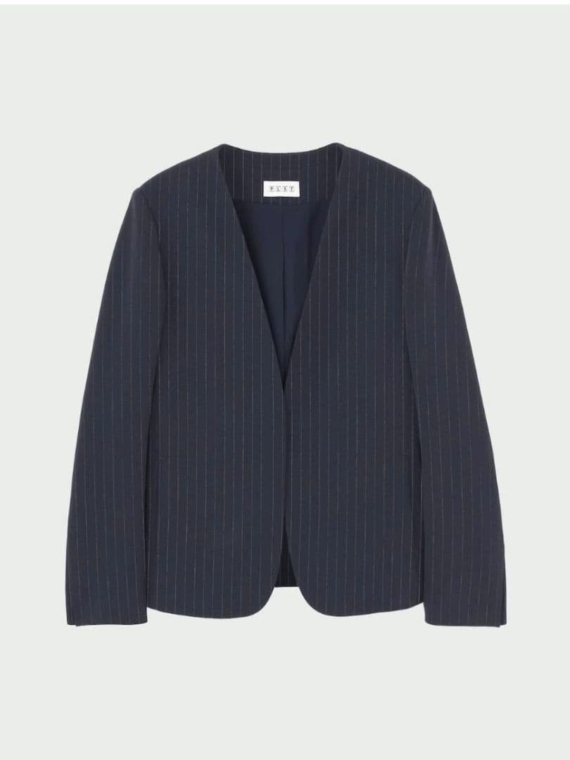 2点セット　ネイビー ストライプ ノーカラージャケットL　テーパードパンツXL セットアップ 「自宅で洗える」 ノーカラージャケット＆テーパード