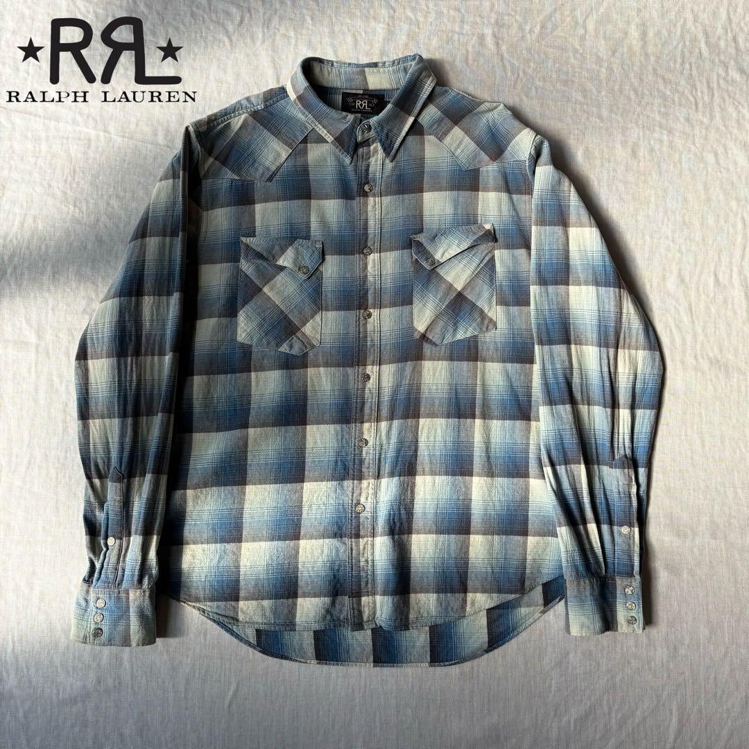 RRL オンブレチェック ウエスタンシャツ ブルー グレー 長袖シャツ XL