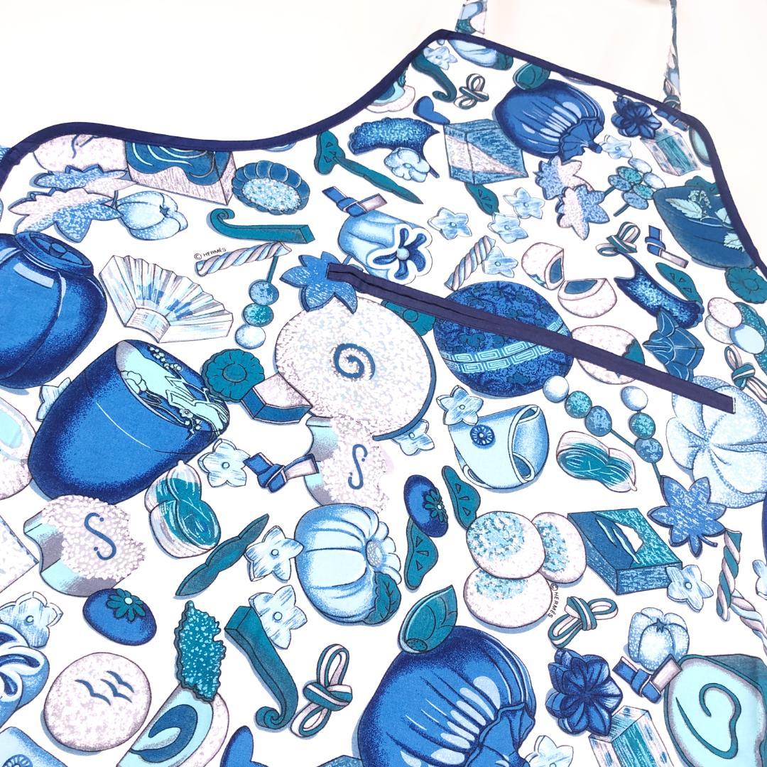 美品・箱付き】エルメス／調理用エプロン 和洋折衷絵柄／ネイビー