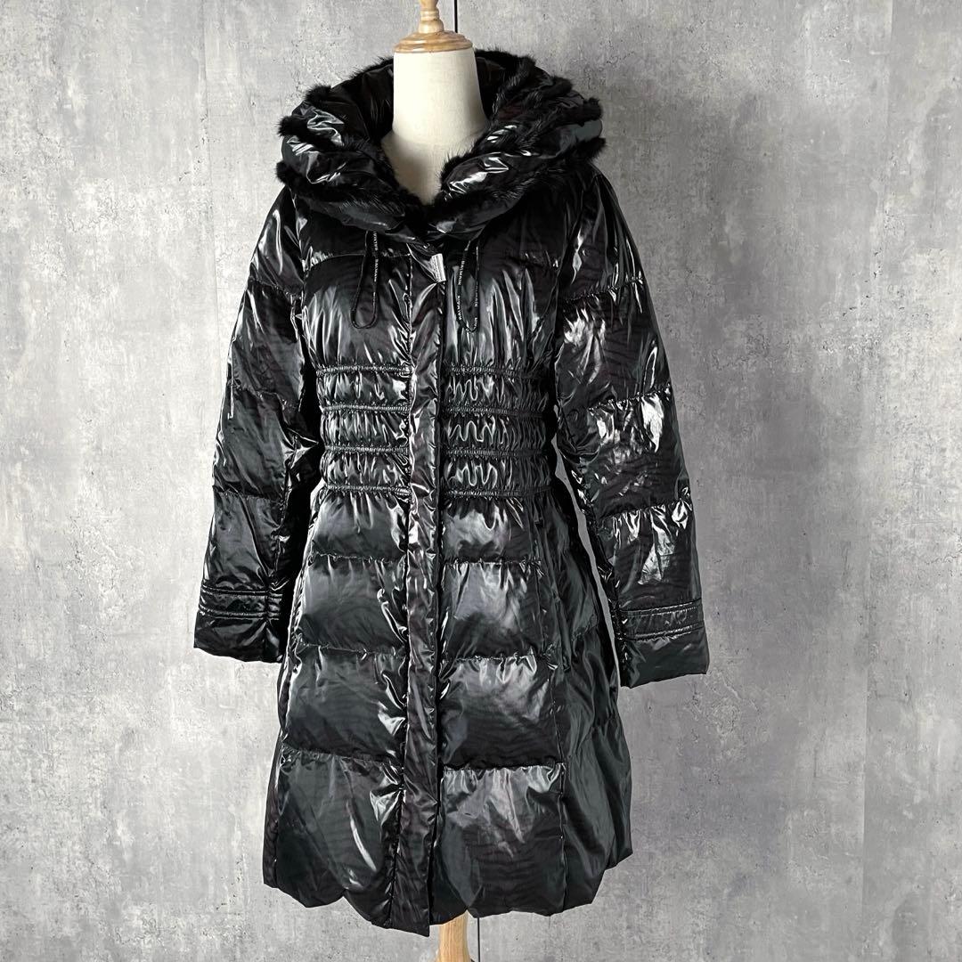 【美品】バルマン ダウンコート ミンクファー Aライン 黒 パープル トラ柄 M